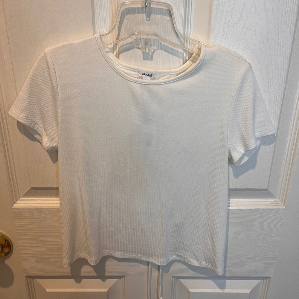 White Ribbed Short Sleeve Top- Open Back that ties